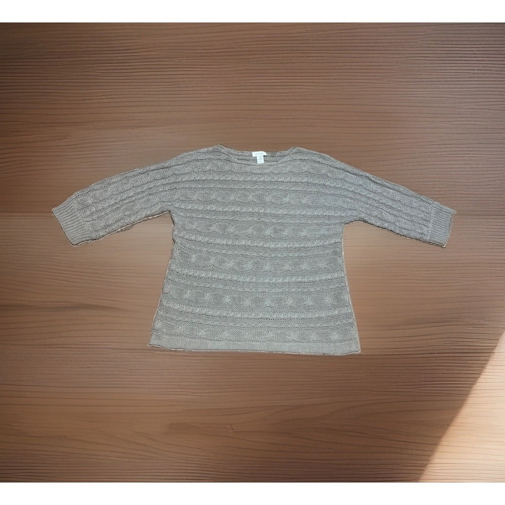 Chico's 100% Linen Taupe Cable Knit Boatneck Sweater 3/4 Sleeve Size 1